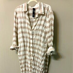 Chicos linen midi Dress Womens Sz 3 Tan Striped Coastal Core Beachy Summer Pool